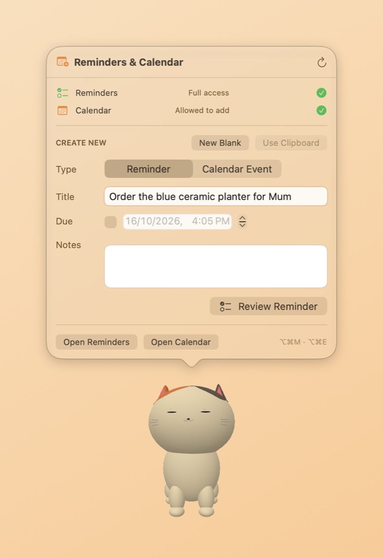 Actions: a memory turned into a Reminder or Calendar event