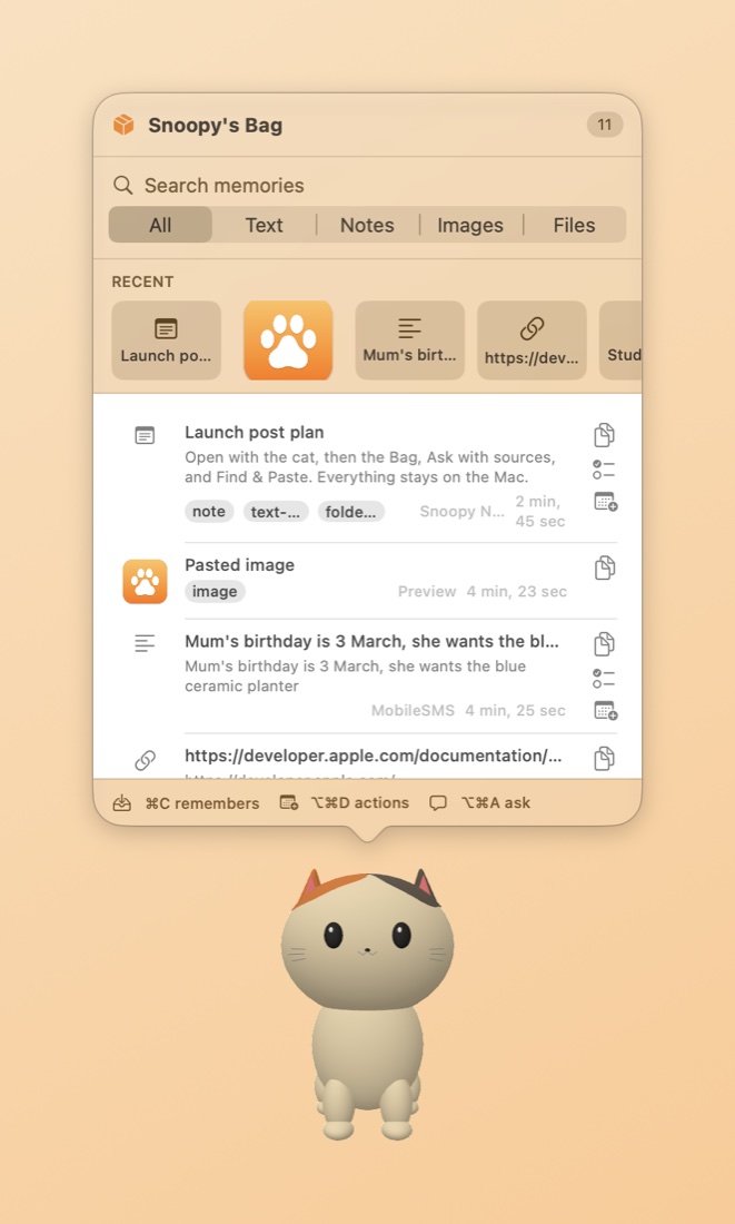 The Bag: saved text, files, images and notes, searchable